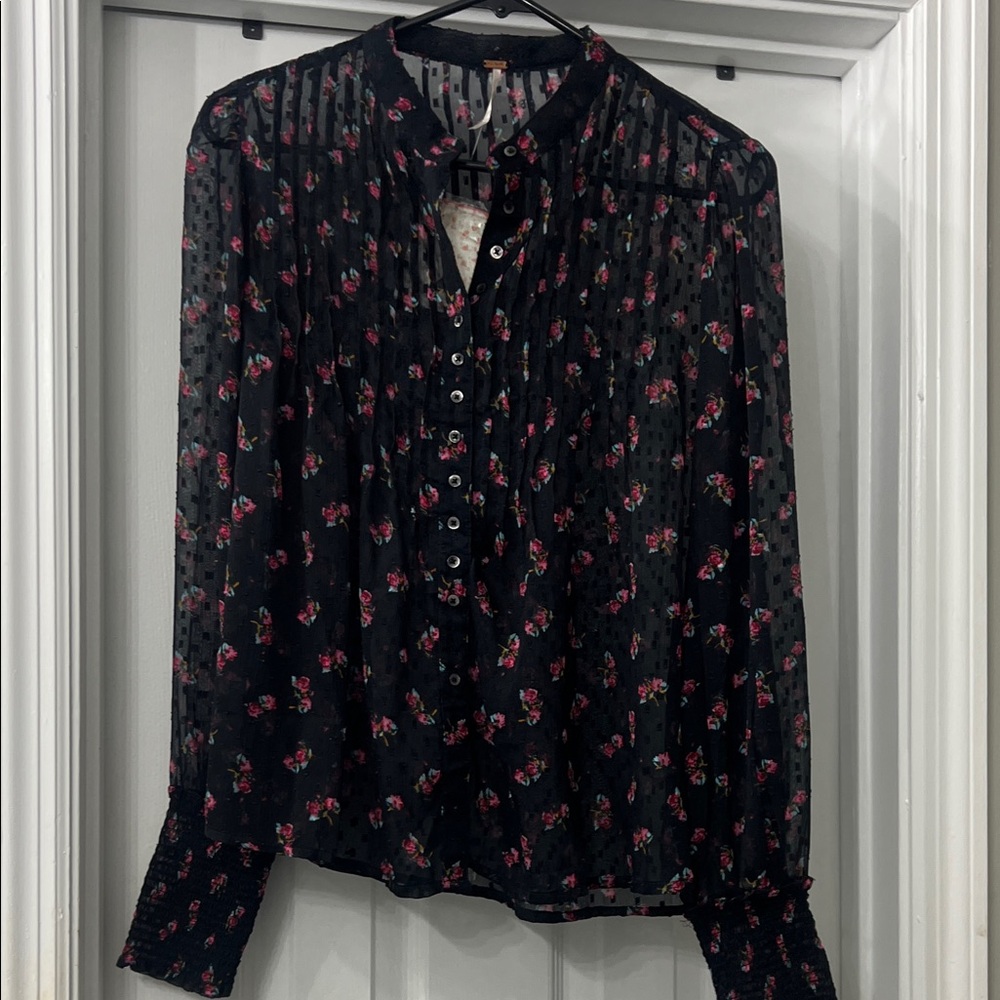 Free People Black Floral Sheer Blouse
